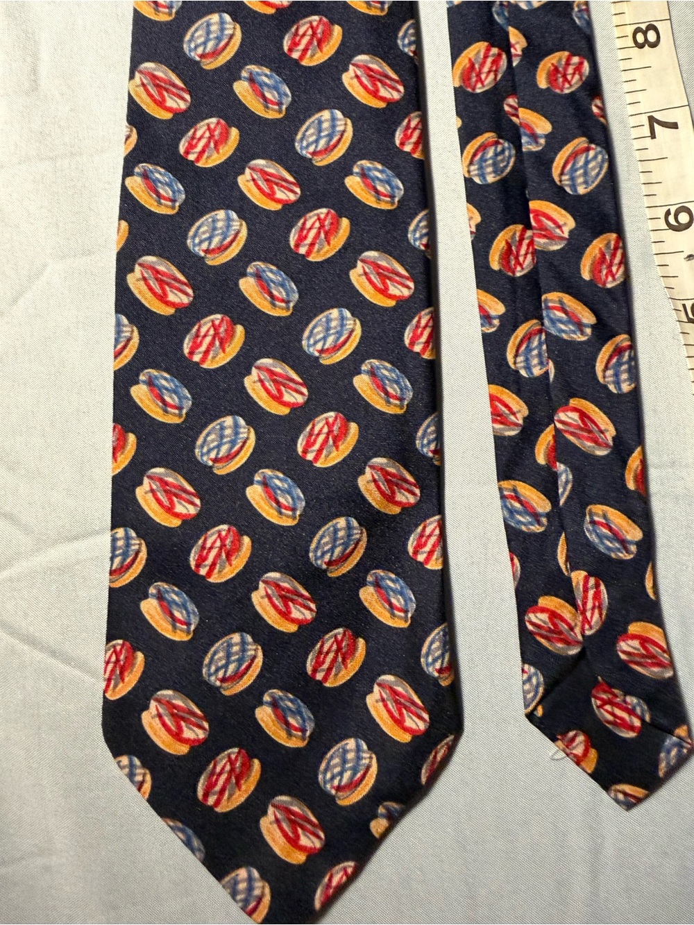 Classic Navy Men's Tie. Red & Gold  donut Pattern. Italian silk styled made USA
